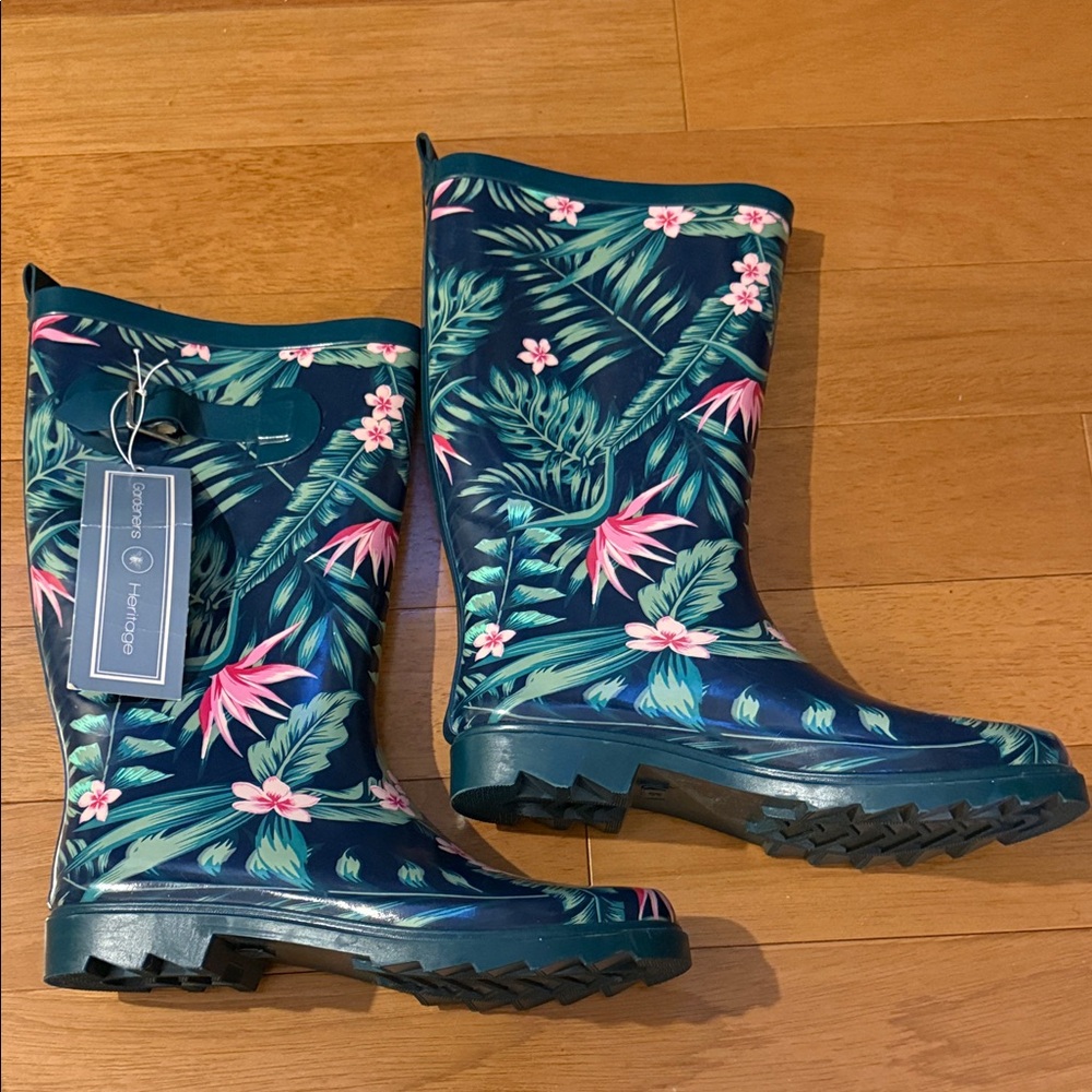 Tropical Floral Rain Boots - Blue and Pink Size 8 NWT
